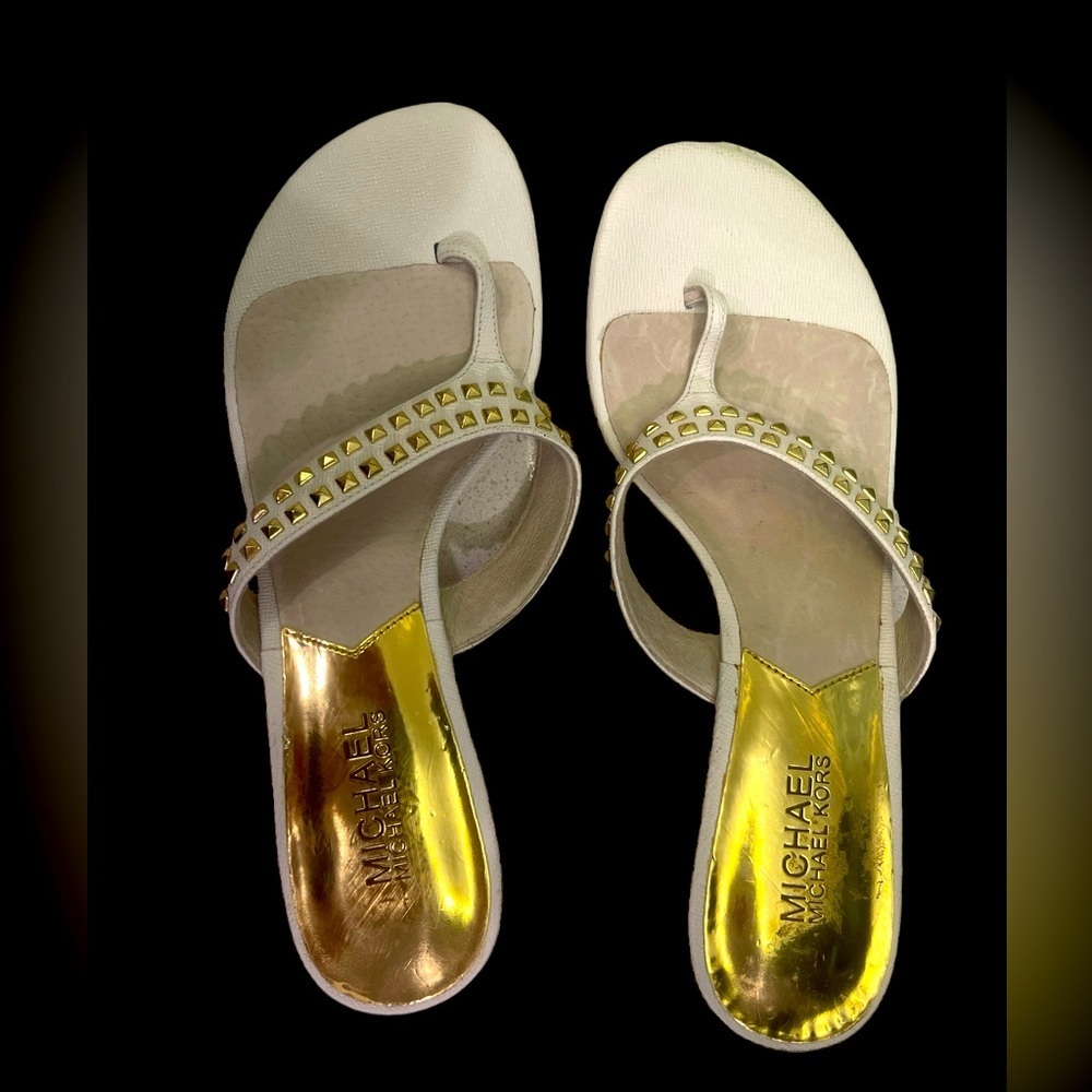 Michael Kors white kitten heels with gold studs